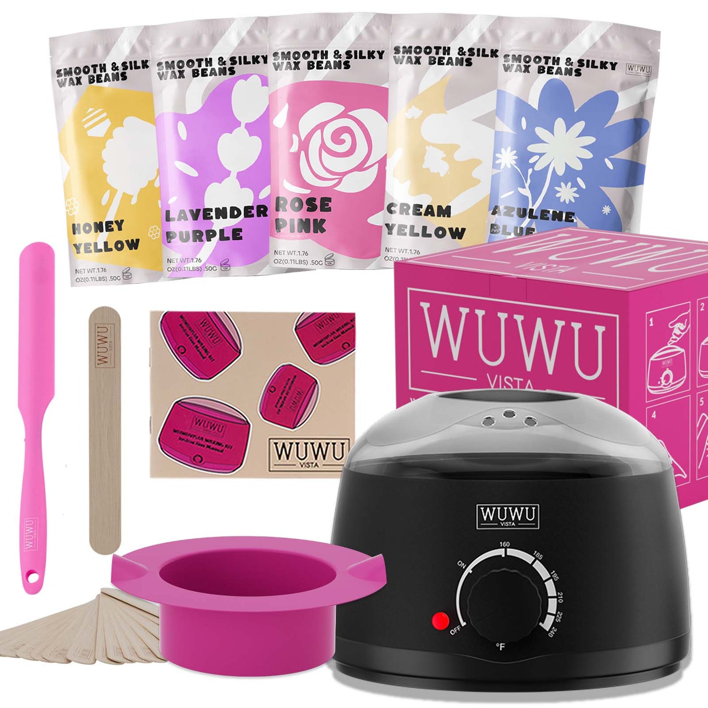 Waxing Kit 19 Items, WUWUVISTA Hair Removal Wax Kit With Wax Melt Warmer Waxing Beads For Face, Brazilian, Full Body, Bikini Suitable For Plugs Of American & European Specifications